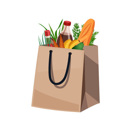 食品购物袋篮子组成的孤立形象的食品在纸袋水果包装购物