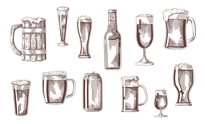 素描啤酒饮料在玻璃杯 品脱 马克杯 可以素描集酒吧玻璃容器