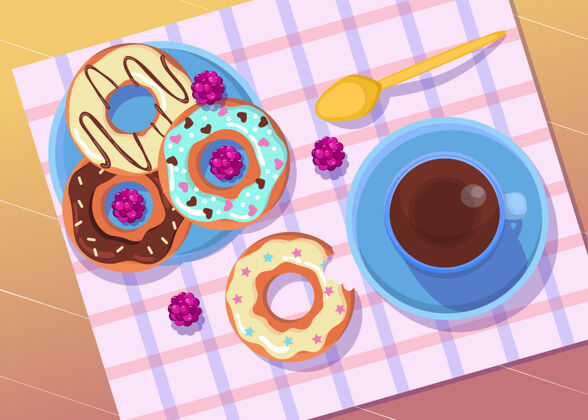 釉五颜六色的甜甜圈放在盘子里 配上咖啡或茶的插图不健康甜甜圈勺子