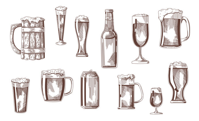 素描啤酒饮料在玻璃杯 品脱 马克杯 可以素描集酒吧玻璃容器