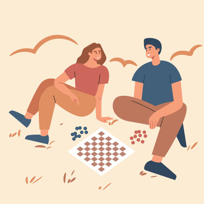 折纸两个小男孩女孩互相下棋的矢量插图卡通冒险想象朋友