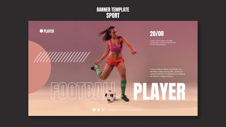 水平运动横幅模板与女子踢足球的照片运动员训练健身