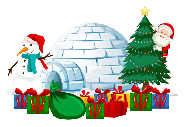收集圣诞老人与许多礼物和雪人和圣诞元素的白色背景微笑雪人圣诞