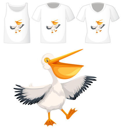 T恤一套不同的衬衫与棕色鹈鹕卡通人物隔离在白色背景上翅膀生物衬衫