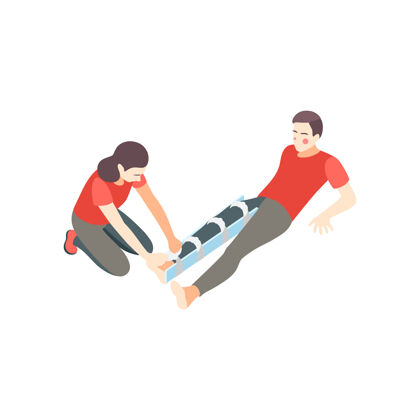 呼叫急救步骤等轴测组成用女方夹板夹住男方受伤腿的插图说明步骤人