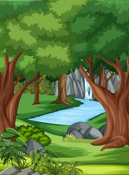 外有许多树木和瀑布的丛林景色森林绿色卡通