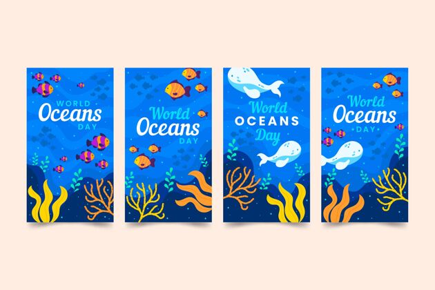 社交媒体故事平面世界海洋日instagram故事集海洋生态故事
