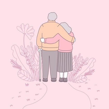 祖母两个爷爷奶奶 穿着长袖 一起走在花园里成熟爱婚礼