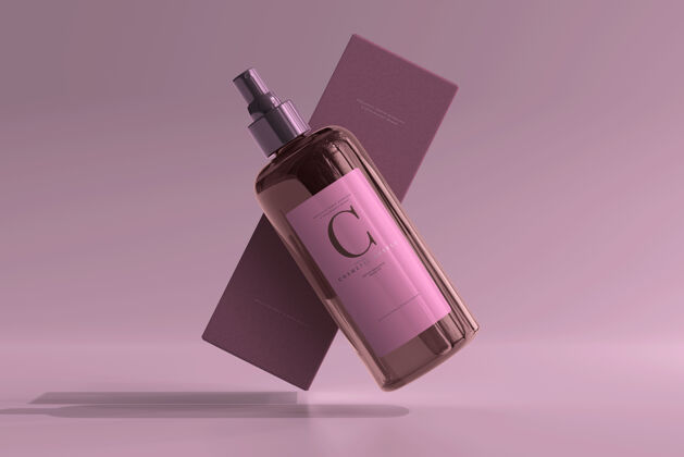 油琥珀色玻璃化妆品喷雾瓶和盒子模型清洁模型创意