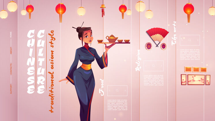 文化房间里挂着中国文化横幅 里面有穿着和服的女人 墙上挂着红灯笼和扇子中国卡通美食