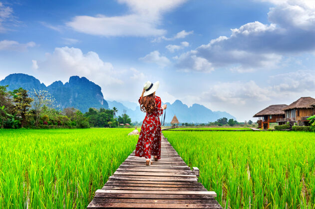河流在老挝万荣 一位年轻的妇女走在绿色稻田的木路上城镇亚洲空气