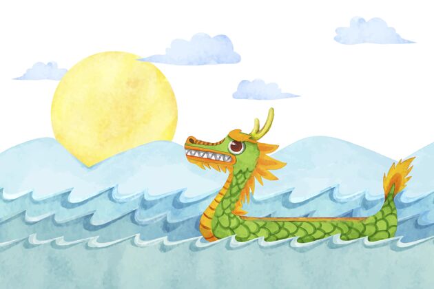 水彩手绘水彩画龙舟背景传统船中国