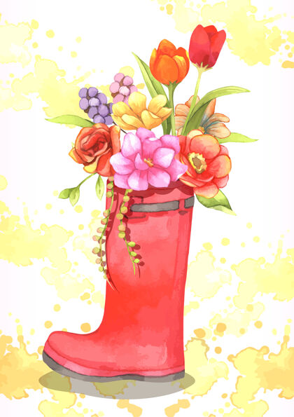 靴子水彩插图花卉开花花卉