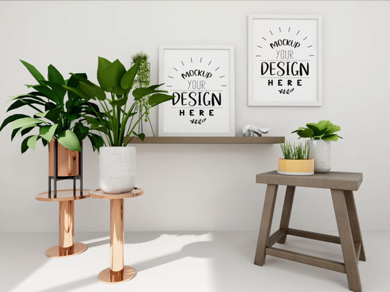房子海报框架模型在墙上与植物现代室内最小生活