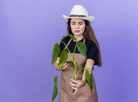 制服悲伤美丽的园丁女孩穿着制服 戴着园艺帽 拿着蓝色的背景 看着孤立的植物举行女孩悲伤