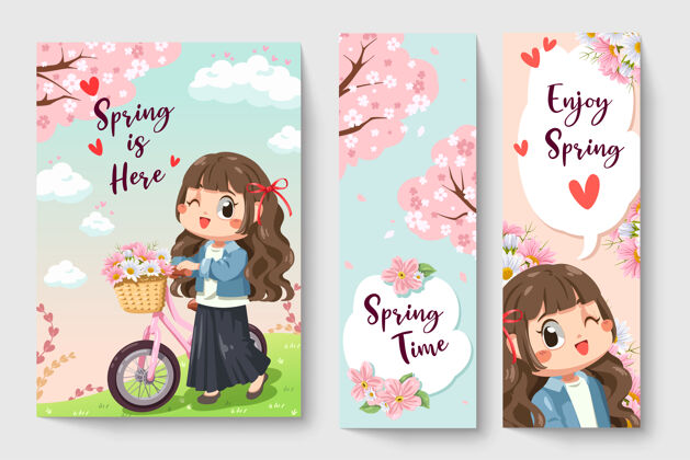 开花可爱的女孩骑自行车在春天主题插图为儿童时尚艺术作品花束自然孩子