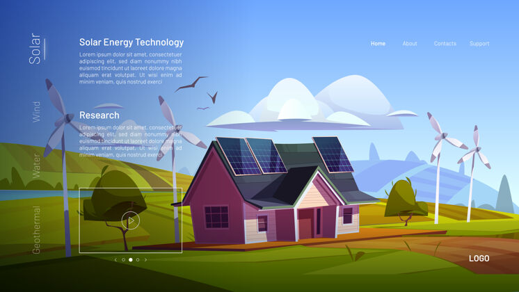 涡轮机太阳能技术卡通登陆页外部电力窗户