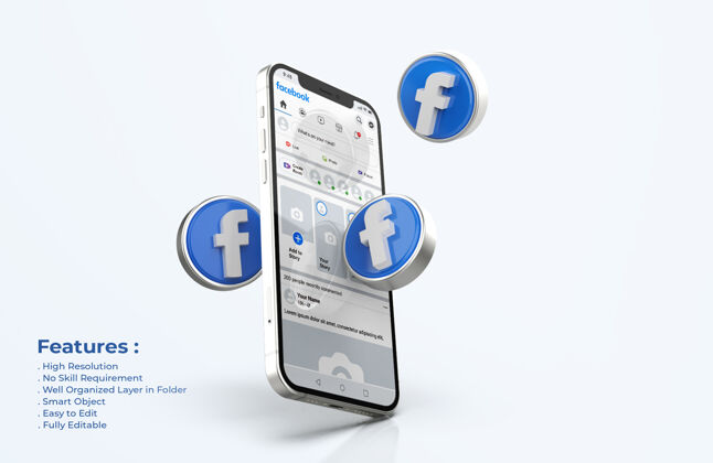 应用程序手机上的Facebook模拟了3d图标实体模型帖子界面