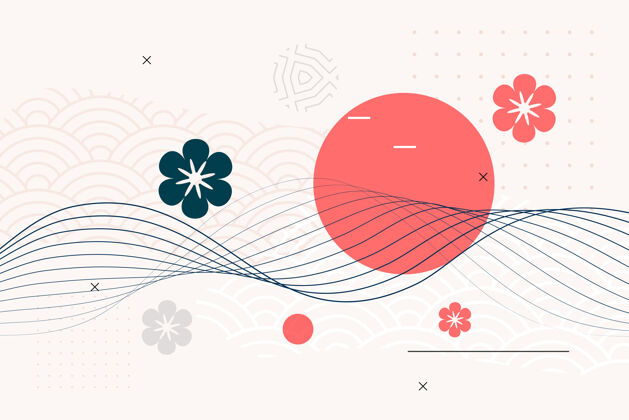 抽象日本风格的背景与花卉和波浪线元素极简几何