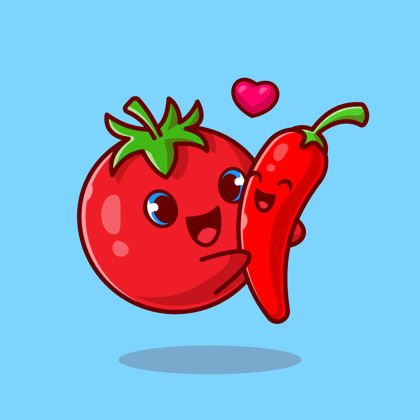 番茄可爱的番茄拥抱辣椒情侣卡通拥抱烹饪蔬菜