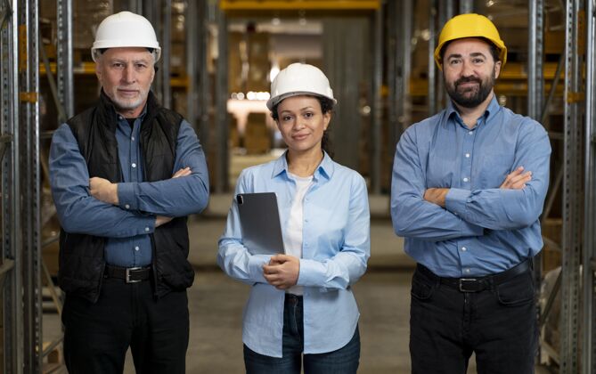 设备戴着口罩在仓库工作的员工成人女人头盔