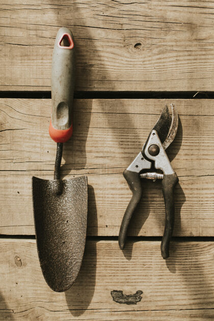 园艺剪刀园艺剪刀和泥刀放在木桌子上工具设备农场