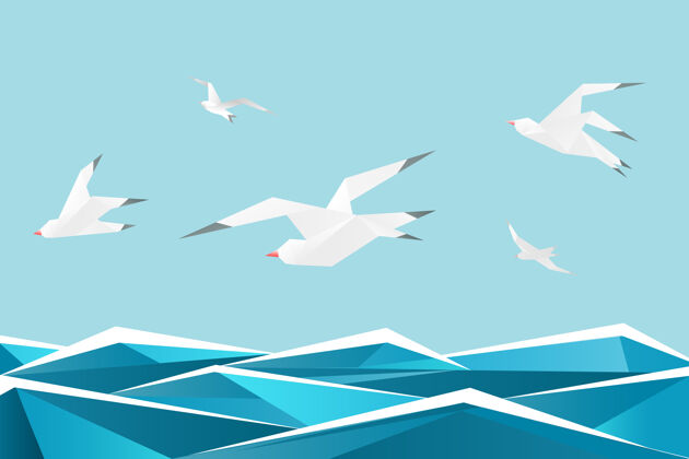 水有鸟的纸海折纸海鸥以上波浪背景折纸海鸥纸自由插图野生尾巴海鸥