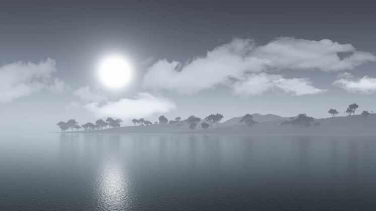 海雾岛景观的3d渲染日落雾卵石