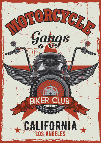 汽车摩托车主题复古海报设计与头盔 眼镜 车轮和翅膀插图车轮直升机摩托车手