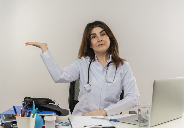 中年自信的中年女医生穿着医用长袍和听诊器坐在办公桌前 医疗工具剪贴板和笔记本电脑显示空手孤立剪贴板坐着空