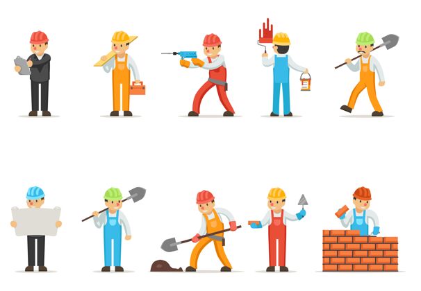 团队专业建筑工人或建设者专业建筑工人 挖掘或钻孔工人 砌砖工人插图制服公寓工程
