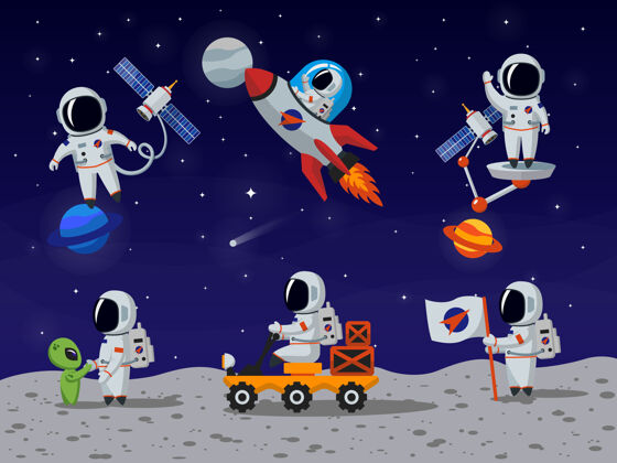 集合航天员矢量字符集平面卡通风格航天员卡通 人物航天员 人航天员 人航天员插图宇航员旗帜天文学