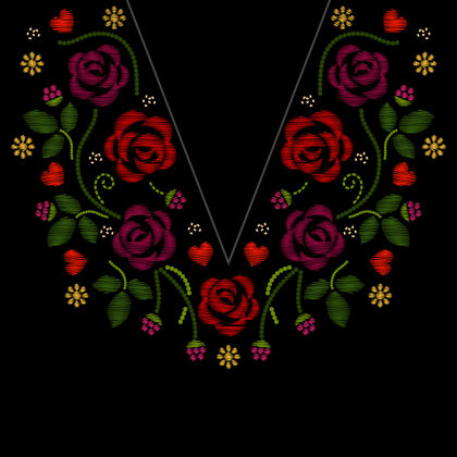 面料领口线绣玫瑰花插画颜色装饰线条