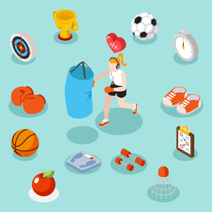 健身等距运动生活方式和健身平面三维概念一组图标篮球和足球插图活动目标球
