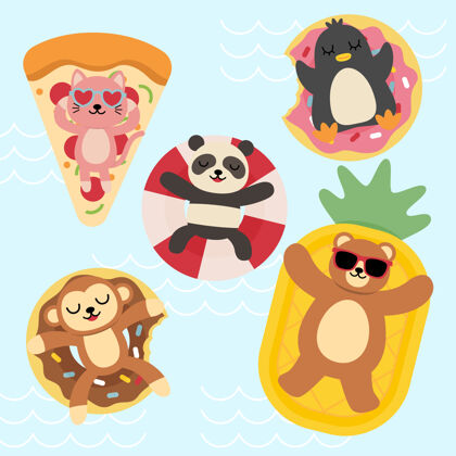熊猫一捆捆快乐的动物放在游泳池里放松 卡通人物假期充气床垫海洋