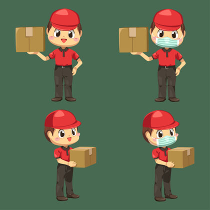信封送货员穿着制服 戴着帽子 包裹盒和信封上有卡通人物 孤立的平面插图字符物流包装