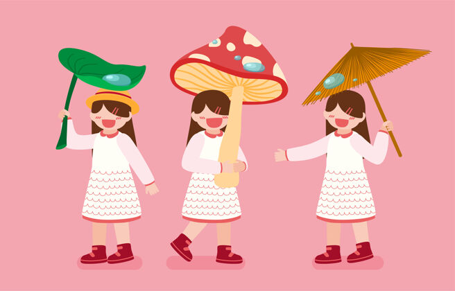 雨衣三个女孩抱着树叶 蘑菇和雨伞 在粉红色的卡通人物背景下捆绑在一起贴纸季节画