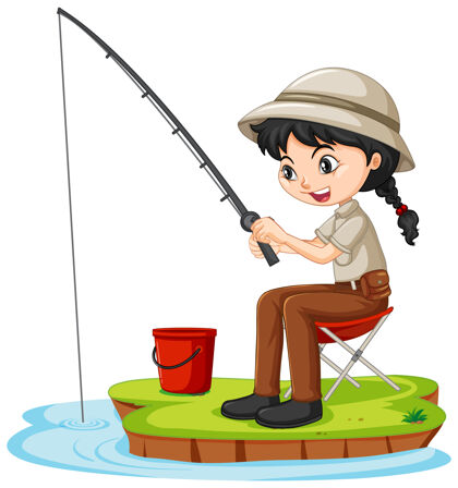 爱好一个女孩卡通人物坐在白色背景上钓鱼小学生娱乐学习