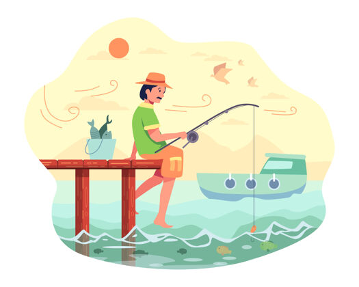 手势渔夫坐在桥的尽头用鱼竿和鱼饵在海里钓鱼平鱼竿场景