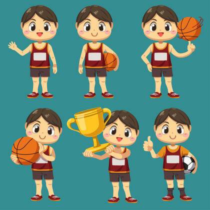 快乐集运动员与篮球 足球与奖杯于一体的卡通人物 差异动作孤立平面插图赢家篮球卡通