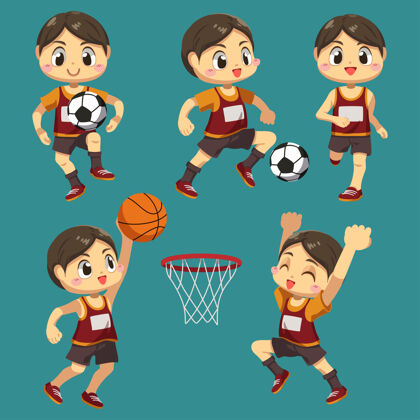 年轻集运动员与篮球 足球与奖杯于一体的卡通人物 差异动作孤立平面插图人卡通运动员