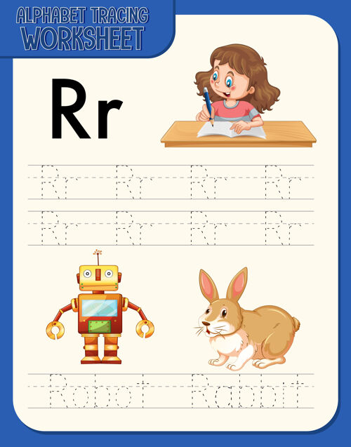 小学字母表跟踪工作表与字母r和r字母机器哺乳动物