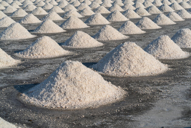 海洋泰国盐场的盐准备收割了海洋田野农场