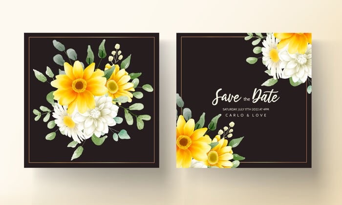 花手绘美丽的花卉结婚卡设计水彩画婚礼请柬设置