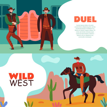 艺术野生西部牛仔横幅收集两个可编辑的文本和平面复古风景图片插图横向组成武器美国西部