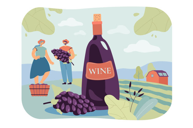 产品幸福夫妻生产天然葡萄酒孤立平面插图葡萄园工厂品尝
