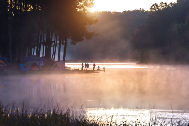 早晨泰国梅洪森 早上在彭昂游玩的游客剪影松树洪梅