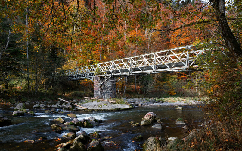 河流水上的灰色桥钢铁建筑小溪