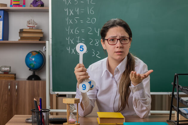 教室坐在教室黑板前的课桌旁 戴着眼镜拿着号牌讲解课时的年轻女教师 神情迷茫 伸出手臂问道盘子解释桌子