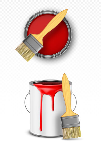 处理油漆罐用刷子 锡桶上滴着红色水滴 顶视图和前视图隔离在透明的背景上剪贴画实体模型金属